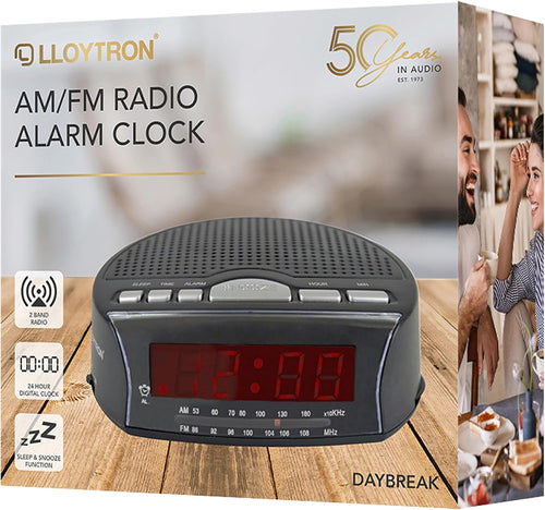 LLOYTRON "Daybreak" Alarm Clock Radio with Buzz Alarm or Radio - Snooze Function - Sleep Timer - Rotary Tuning and Volume Controls - Mains Operated - AM / FM Radio - J2006BK - Black