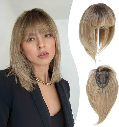 Peonymebeauty 360Â°Clip in Fringe Hair Topper, 4"X5" Base Hair Toppers with Bangs for Women Synthetic 12 Inch Natural Straight Short Bob Hairpieces Wiglets Ladies for Daily Wear(Ombre Brown Blonde)