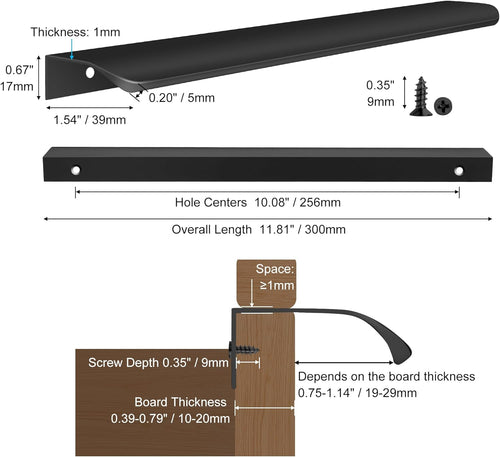 Finger Edge Cupboard Handles 300mm Modern Aluminum 10 Pack Matte Black