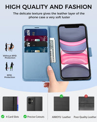 AIMOYU for iPhone 11 Case, Flip Wallet Leather Phone Case with [4 Card Slots] [Kickstand] [RFID Blocking] Magnetic Protective Shockproof Cover for iPhone 11 Phone Case - Sky Blue