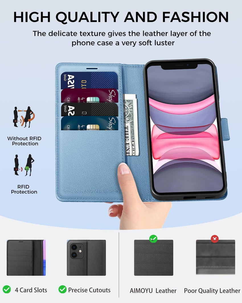 AIMOYU for iPhone 11 Case, Flip Wallet Leather Phone Case with [4 Card Slots] [Kickstand] [RFID Blocking] Magnetic Protective Shockproof Cover for iPhone 11 Phone Case - Sky Blue
