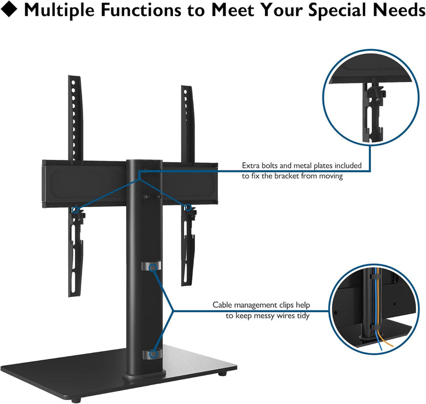 BONTEC Universal TV Stand for 24-60 Inch LCD LED OLED Plasma TVs, Height Adjustable Table Top Pedestal with Bracket, 8mm Tempered Glass Base, 45kg Load, Max VESA 400x400mm, Cable Management