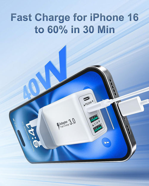 USB C Plug Fast Charge, 40W 4-Port Multi USBC Plug UK Dual PD Power Adapter +QC Multiport Wall Charger Head Mains Type C Fast Charging Plug for iPhone 17 16 15 14 13 12 11 Pro Max Plus, Samsung, iPad
