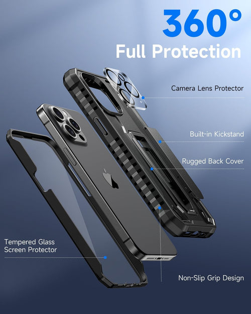 seacosmo for iPhone 15 Pro Max Case with Kickstand, Shockproof Military Grade Protective Phone Cover [Built-in Tempered Glass Screen Protector + Camera Lens Protector] Dual Layer Full Protection
