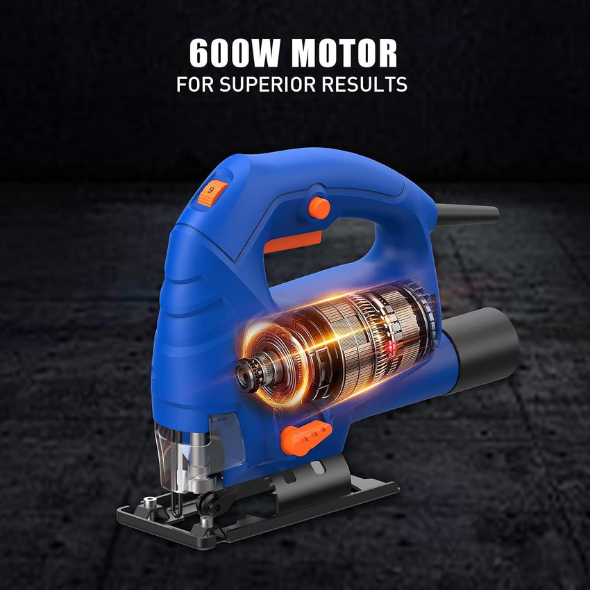 SORAKO 600W Corded Jigsaw for Wood & Metal | 800-3000SPM Electric Jigsaw with 6 Speeds + 3 Orbital Settings | 45ÃÂ° Bevel Cutting, 60mm Wood Cutting Depth