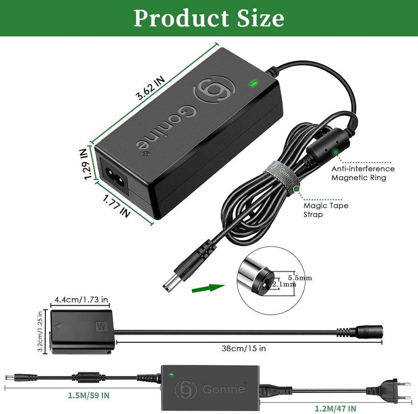 Gonine AC-PW20 AC Power Adapter NP-FW50 Dummy Battery Kit for Sony Alpha ZV-E10 A7 A7R A7S A7II A7RII A7SII A6500 A6400 A6300 A6100 A6000 A5100 A5000 RX10 II III IV NEX-3 NEX-5 NEX-7 Camera