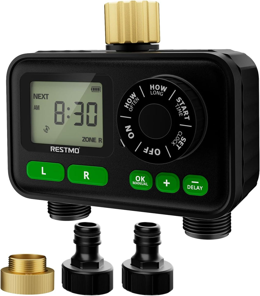 Sprinkler Timer 2-Zone Programmable Up to 11h59m Brass Inlet Rain Delay Manual/Auto Outdoor Hose