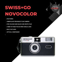 35mm Film Camera Bundle Includes Black Swiss+Go Novocolor Analogue Film Camera with Kodak ColorPlus 24 EXP Film, Kodak Max Super Alkaline AAA Batteries and Clikoze Film Photography Tips Card