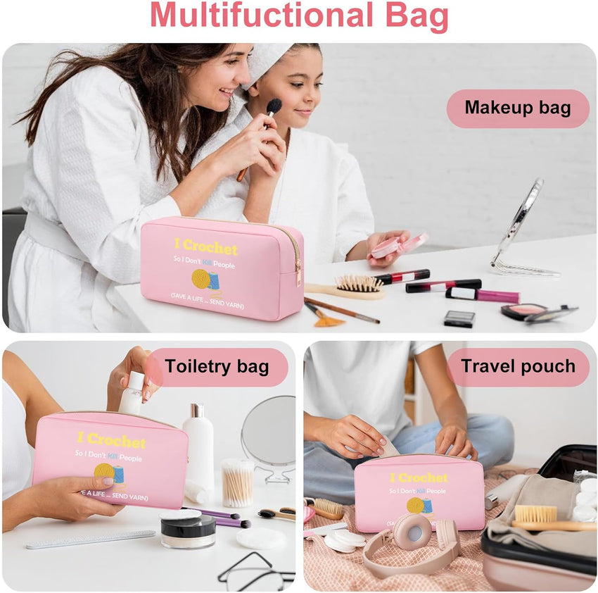 Crochet Cosmetic Bag Oxford Cloth Zipper Pouch for Crocheters Knitting Gifts â Pink