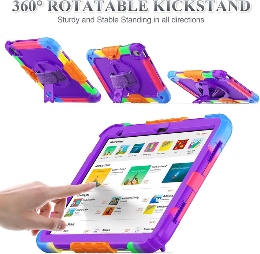 SEYMAC stock Case for iPad 10th Generation 10.9 Inch 2022, Full-Body Drop Protection with Screen Protector, Rotating Stand/Hand Strap & Pencil Holder for iPad 10 Case A2696/ A2757/ A2777, Camo+Purple