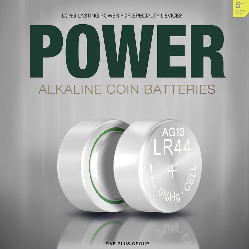 5Plus 10-Pack LR44 AG13 357 303 SR44 A76 675 392 394 384 376 1.5V Alkaline Button Cell Batteries - Ideal for Watches, Hearing Aids, Glucometers, Key Fobs, Car Keys, and Small Electronics