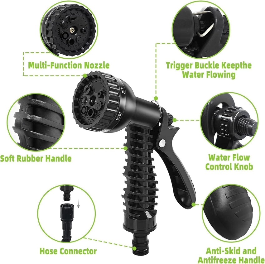 Expandable Garden Hose 7-Function Spray Gun Flexible Retractable â Black 15m/50ft