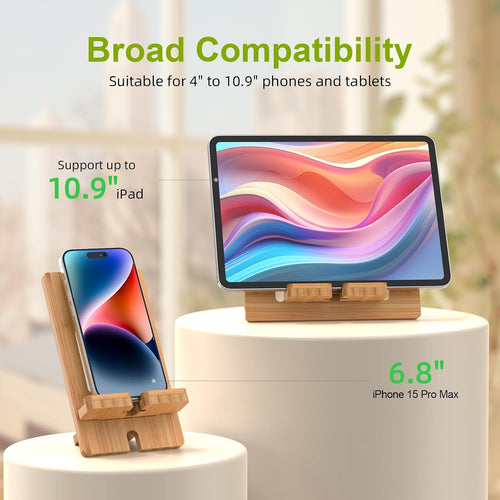 Pezin & Hulin Bamboo Cell Phone Tablet Stand-Natural Bamboo | Wooden Smart Phone Desktop Charging Dock Holder Compatible with Pad, All Android Cellphone, Tablet - 1 Pack
