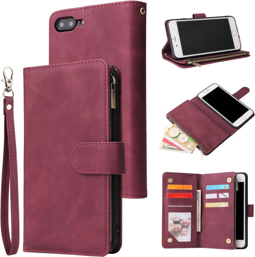 QLTYPRI Case for iPhone 7/8/SE 2020/SE 2022 5G, Large Capacity Leather Wallet Case 6 Card Holder & 1 Zipper Pocket Kickstand Wrist Strap Magnetic Case for iPhone SE 2022/SE 2020/8/7 - Red