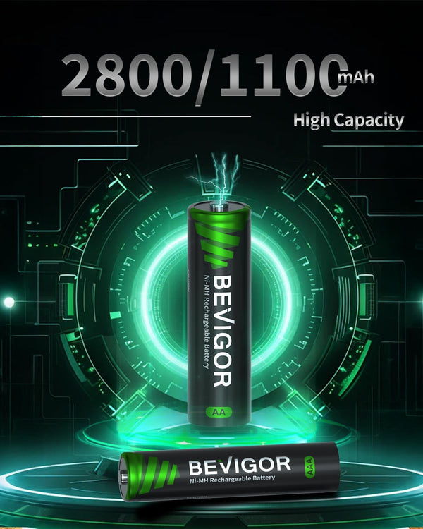 BEVIGOR 12 Pack AA AAA Rechargeable Batteries Set 8 x 2800mAh AA & 4 X 1100mAh AAA Batteries High Capacity, 1.2V Low Self-Discharge, PreCharged