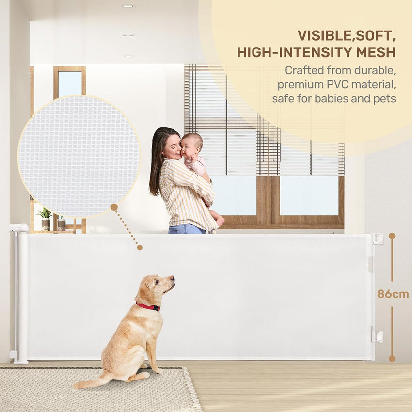 HollyHOME Retractable Stair Gate 300cm Extra Wide One-Hand Operation Baby Gate Safety Gate for Baby and Pets Indoor & Outdoor,White