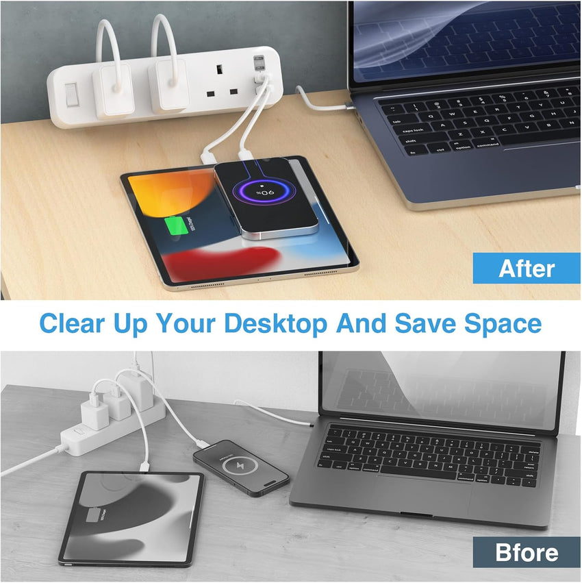 Desk Power Socket with 4 USB (2 Type C), ANVODE 3 Way Desktop Power Strip with Switch, Desk Extension Lead 2M for Home Office (White)