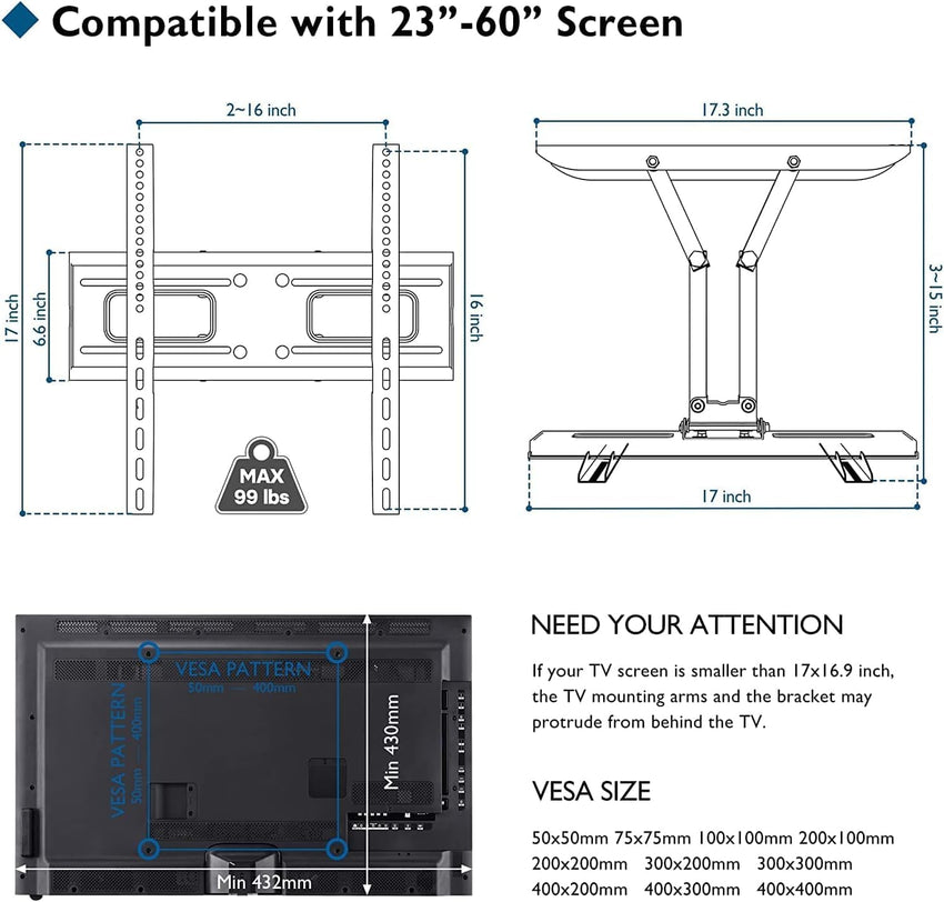 BONTEC TV Wall Bracket for 23-70 Inch LED LCD OLED Screens, Full Motion Double Arm TV Wall Mount Swivels Tilts Extends up to 380mm, Holds 45kg, Max VESA 400x400mm, Includes Spirit Level