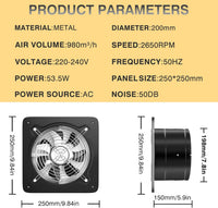 Kitchen Exhaust Fan 8 Inch 980mÂ³/h Low Noise Metal Extractor Black 200mm