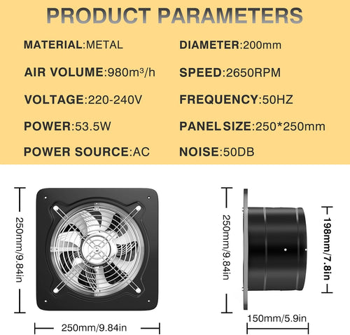Kitchen Exhaust Fan 8 Inch 980mÂ³/h Low Noise Metal Extractor Black 200mm