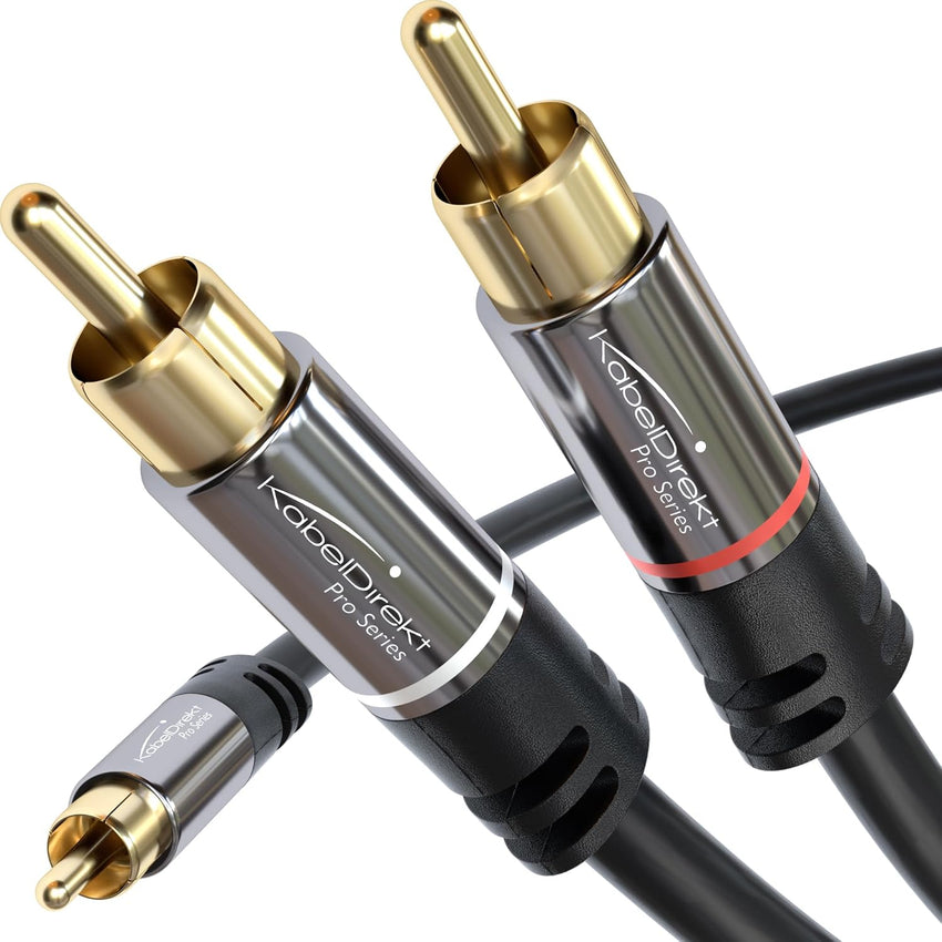KabelDirekt - 10m - RCA/phono Y cable, 1 to 2, stereo audio cable (coax, RCA/phono male/male cinch plugs, analogue/digital, adapter for subs/amps/Hi-Fis/home cinema/receivers, black)