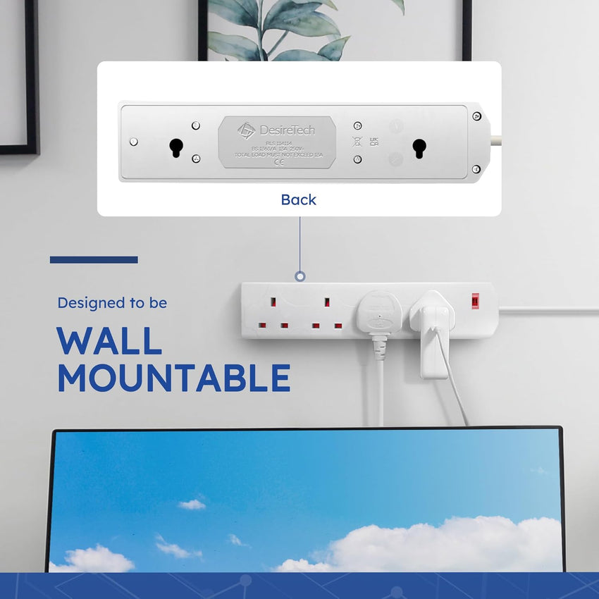 White Electric Extension Lead - 4 Gang, 2 Metre Cable with UK Plug & 3 Pin Socket - Wall Mountable & Multi Socket Mains Strip for Home, Bedroom, Kitchen, & Office (1 Pack)