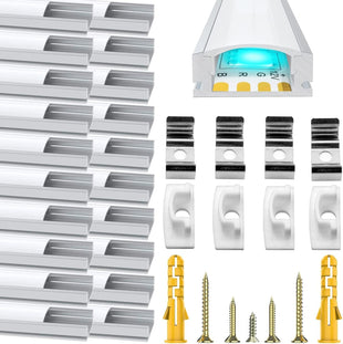 LED Aluminum Channel U Shape, 20 Pack LED Strip Diffuser 3.3ft/1Meter LED Profile with Milky White Cover, End Cap and Mounting Clip Aluminum Extrusion 90 Degrees Connectors for LED Strip Lights