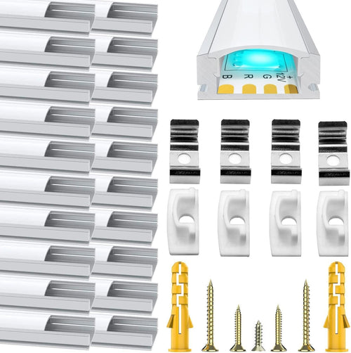LED Aluminum Channel U Shape, 20 Pack LED Strip Diffuser 3.3ft/1Meter LED Profile with Milky White Cover, End Cap and Mounting Clip Aluminum Extrusion 90 Degrees Connectors for LED Strip Lights