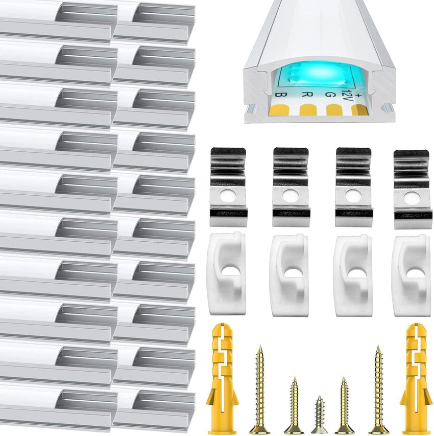 LED Aluminum Channel U Shape, 20 Pack LED Strip Diffuser 3.3ft/1Meter LED Profile with Milky White Cover, End Cap and Mounting Clip Aluminum Extrusion 90 Degrees Connectors for LED Strip Lights