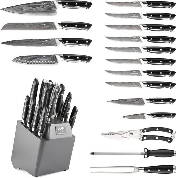 NANFANG BROTHERS Damascus Knife Set,18-Pieces Kitchen Knife Set with Wooden Block VG10 Core Steel with 8 Steak Knife,Japanese Professional Kitchen Sharp Knife Set