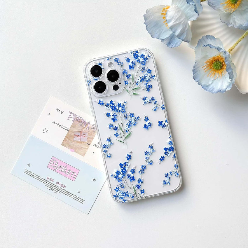 NITITOP Compatible with iPhone 15 Pro Case Cute Clear Flower Floral Branch Design for Women Girls Artistic Transparent Soft TPU Shockproof Protective Phone Cover - Blue