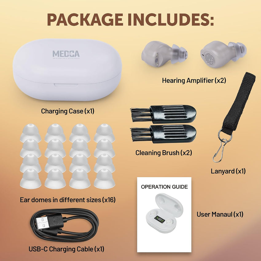 Rechargeable In-Ear Sound Amplifiers (Pair) Touch Control Noise Reduction LED Charging Case Beige