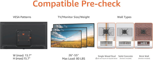 Amazon Basics TV Wall Bracket READ DESC 26-55 inch(66cm-140cm) TVs, Swivels Tilts TV Wall Mount for Flat & Curved TV, VESA 100x100mm to 400x400mm, holds up to 36kg, Black