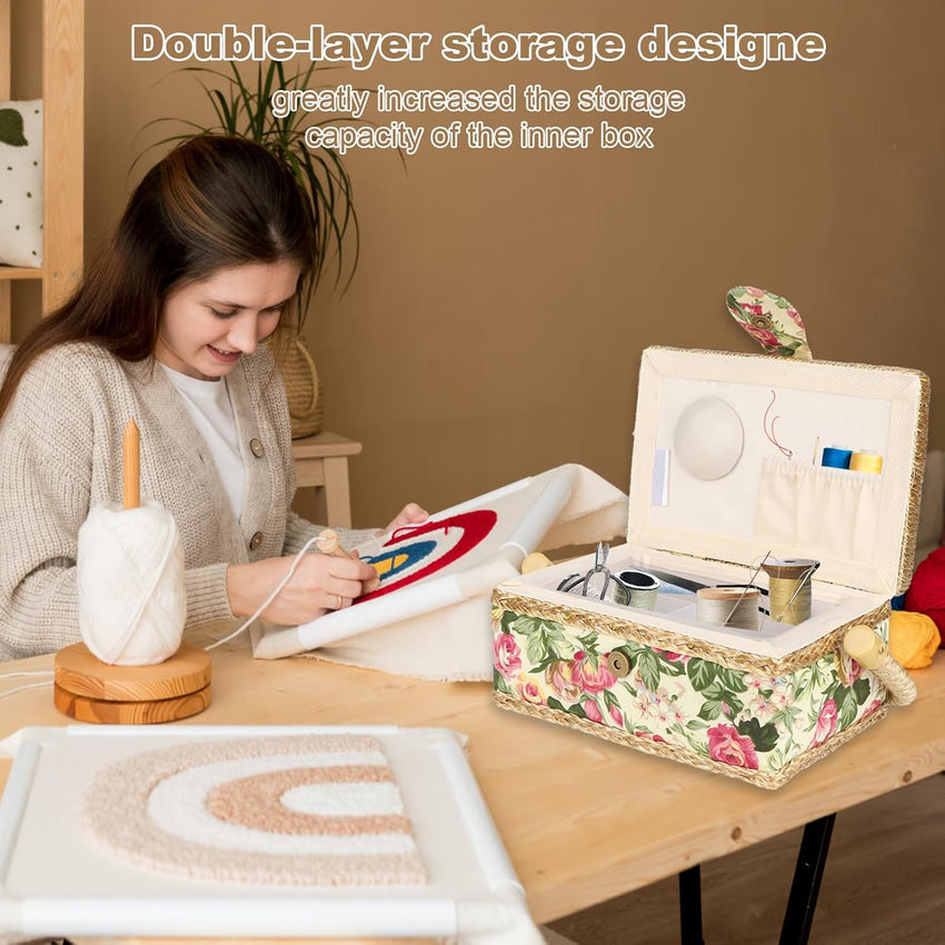 Vintage Sewing Basket Fabric Craft Storage Organizer with Handle Ã¢ÂÂ Garden Rose