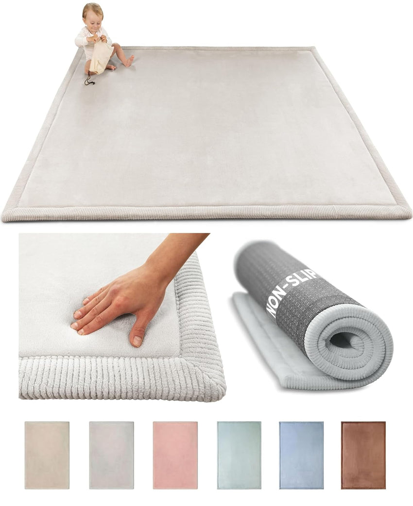 Premium Large Coral Velvet Baby Play Mat 200x150x2.5cm, Grey High-Density Memory Foam Area Rug Stylish Playmat for Floor with Non-Slip Backing for Crawling, Soft Play & Tummy Time - Easy Care Rug