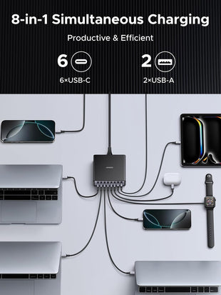 UGREEN USB C Charger 200W 8-Port Charging Station GaN Fast Charger Plug PD 100W Laptop Desktop Charger Support PPS Compatible with MacBook Pro/Air, iPhone 17 Pro/Air/17/16, Galaxy Series, etc