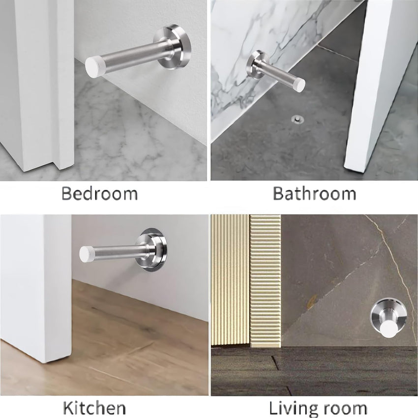 Door Stop - Chrome Door Stopper Heavy Duty Door Stoppers for Skirtings Wall Mounted Doorstops Stainless Steel Door Stops Indoors Self Adhesive Doorstop with White Rubber, 6 Pack