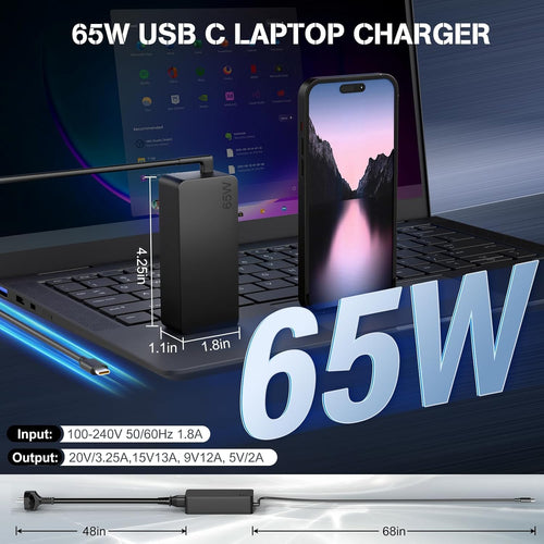 65W Laptop Charger USB C Charger for Lenovo ThinkPad x1 Carbon T14 T15 T480 T480s T490 T490s T580 T590 E14 E15 E480 E490 E580 E590 Chromebook 100e 300e 500e C330 S330 Lenovo Yoga Type C Adapter