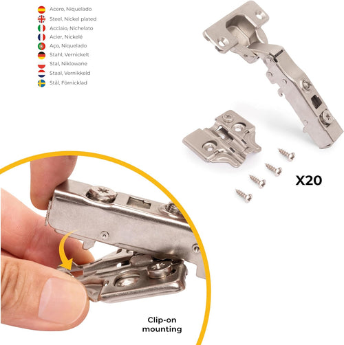 Full Overlay Cabinet Hinges Ã35mm Soft Close 105Â° Opening Eccentric Adjustment â Pack of 20