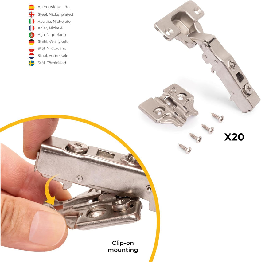 Full Overlay Cabinet Hinges Ã35mm Soft Close 105Â° Opening Eccentric Adjustment â Pack of 20