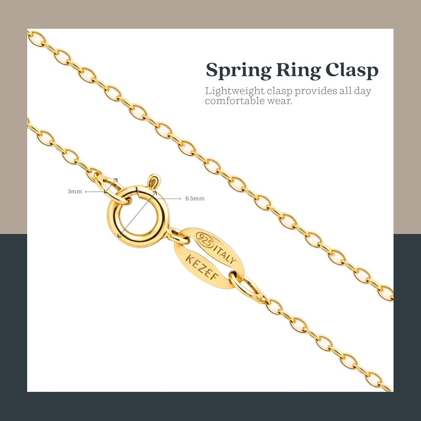 KEZEF 18ct Gold over Sterling Silver 1.3 mm Cable Chain for Women or Men - 925 Silver Italian Necklace Chain - Hypoallergenic and Tarnish Resistant - 30 Inches | 75 cm