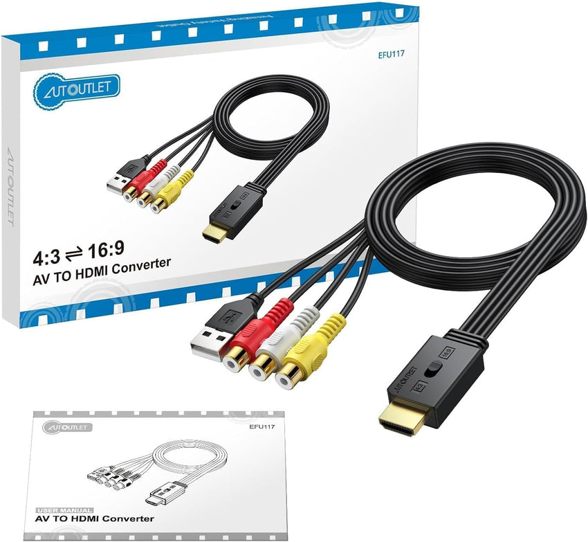 AUTOUTLET RCA to HDMI with 1080P/720P HD Support, AV to HDMI Converter, Long 150cm Cable, Plug & Play Mini Composite CVBS Audio Video Adapter for VCR, VHS, DVD Players and Classic Gaming Consoles