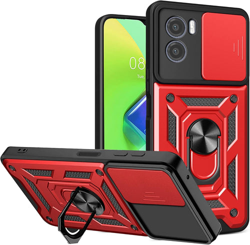 ESTH(R) Case for Motorola Moto E22/E22i with Slide Camera Cover, Military Grade Shockproof Protective Cover with Rotatable Metal Ring Kickstand [Support Magnetic Car Mount], Red