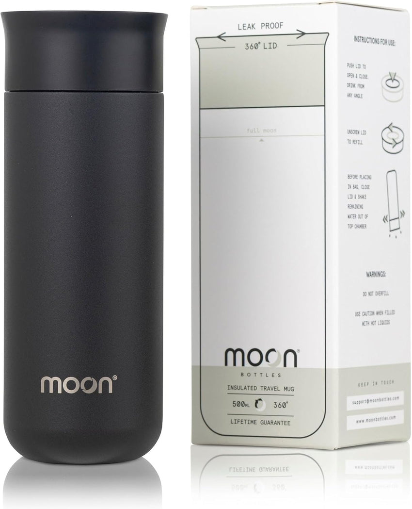 Moon 360° Insulated Travel Mugs - Leak Proof Reusable Coffee Cups - Pro Version for Performance & Easy Clean - Leakproof Flask for Hot & Cold Drinks - Fits Car Cup Holders, UK Company (500ml, Black)