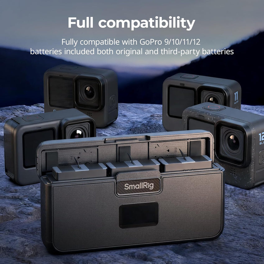 Battery Charger for GoPro Hero 12/11/10/9 PD 27W 1.5h Rapid Charging TFT Screen 3-Channel 4 SD Card Slots Model 5418