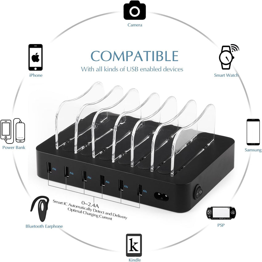 6-Port USB Charger Station Smart IC Multi-Device Charging Dock Black
