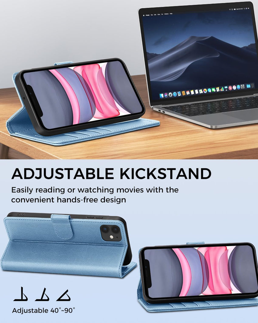 AIMOYU for iPhone 11 Case, Flip Wallet Leather Phone Case with [4 Card Slots] [Kickstand] [RFID Blocking] Magnetic Protective Shockproof Cover for iPhone 11 Phone Case - Sky Blue