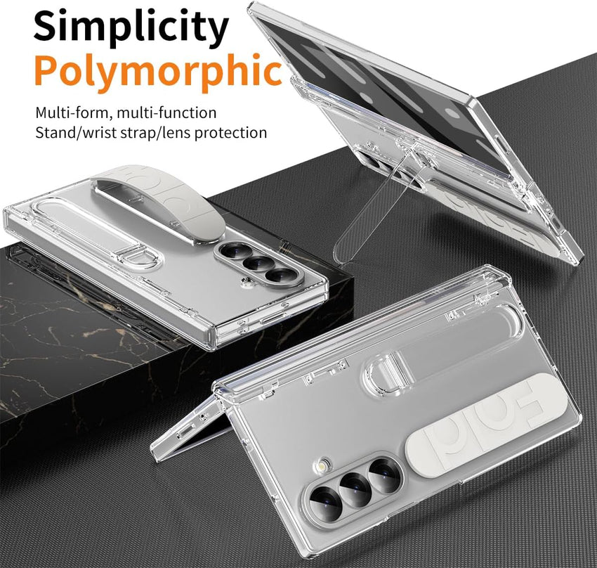 Case for Samsung Galaxy Z Fold 7 with Built-in Screen Protector/Finger Ring Buckle/Hinge Protection/Kickstand Shockproof Soft Touch Non-slip Phone Cover for Samsung Galaxy Z Fold7 Transparent