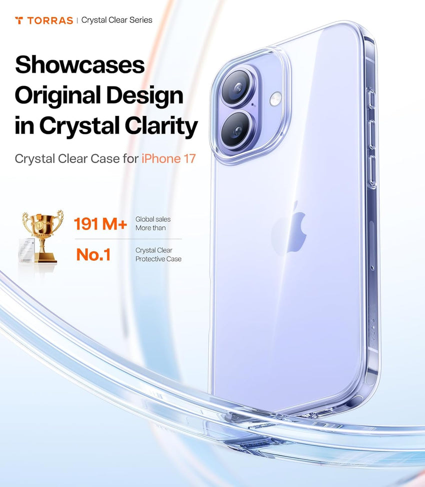 TORRAS Crystal Clear for iPhone 17 Case, NO.1 Anti-Yellowing Certified by RoHS [12FT Military-Grade Protection] Thin Slim Soft Case for iPhone 17 cover- Clear