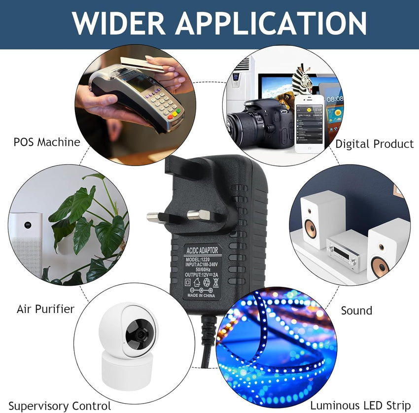Universal AC/DC Power Supply Adapter 12V 2A UK Converter Adaptor 100-240V 50/60HZ Plug 5.5mm x 2.1mm for Led Strips Lights Audio/Video LCD Wireless Router Security Camera Monitor ADSL Cats WIFI IP